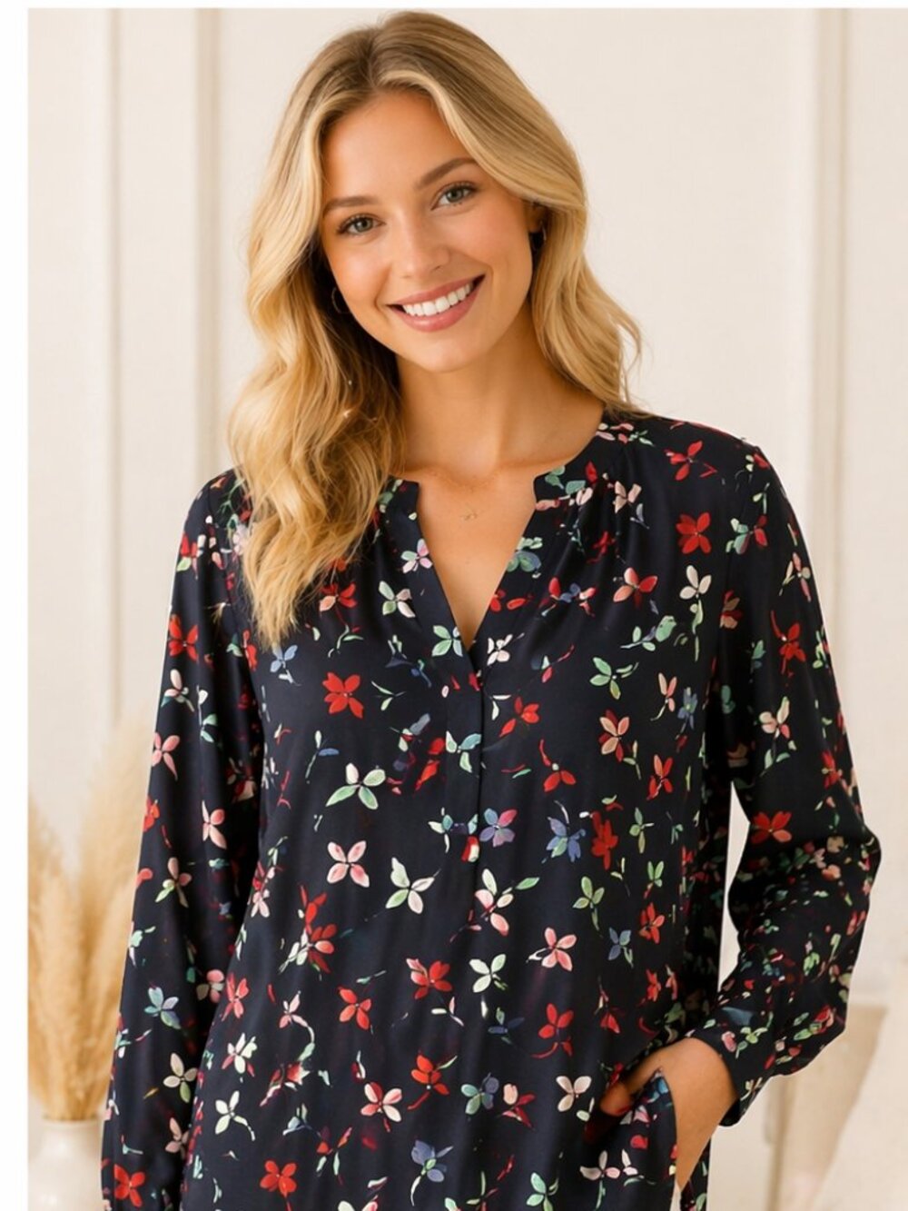 Ann Taylor Floral Split Neck Blouse XL Navy Long Sleeve - Picture 1 of 6